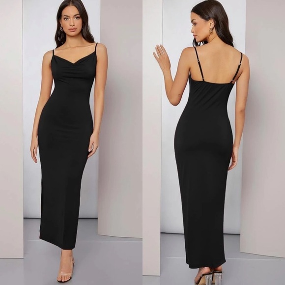 Dresses & Skirts - Cowl neck maxi dress cami black silky satin silk slip